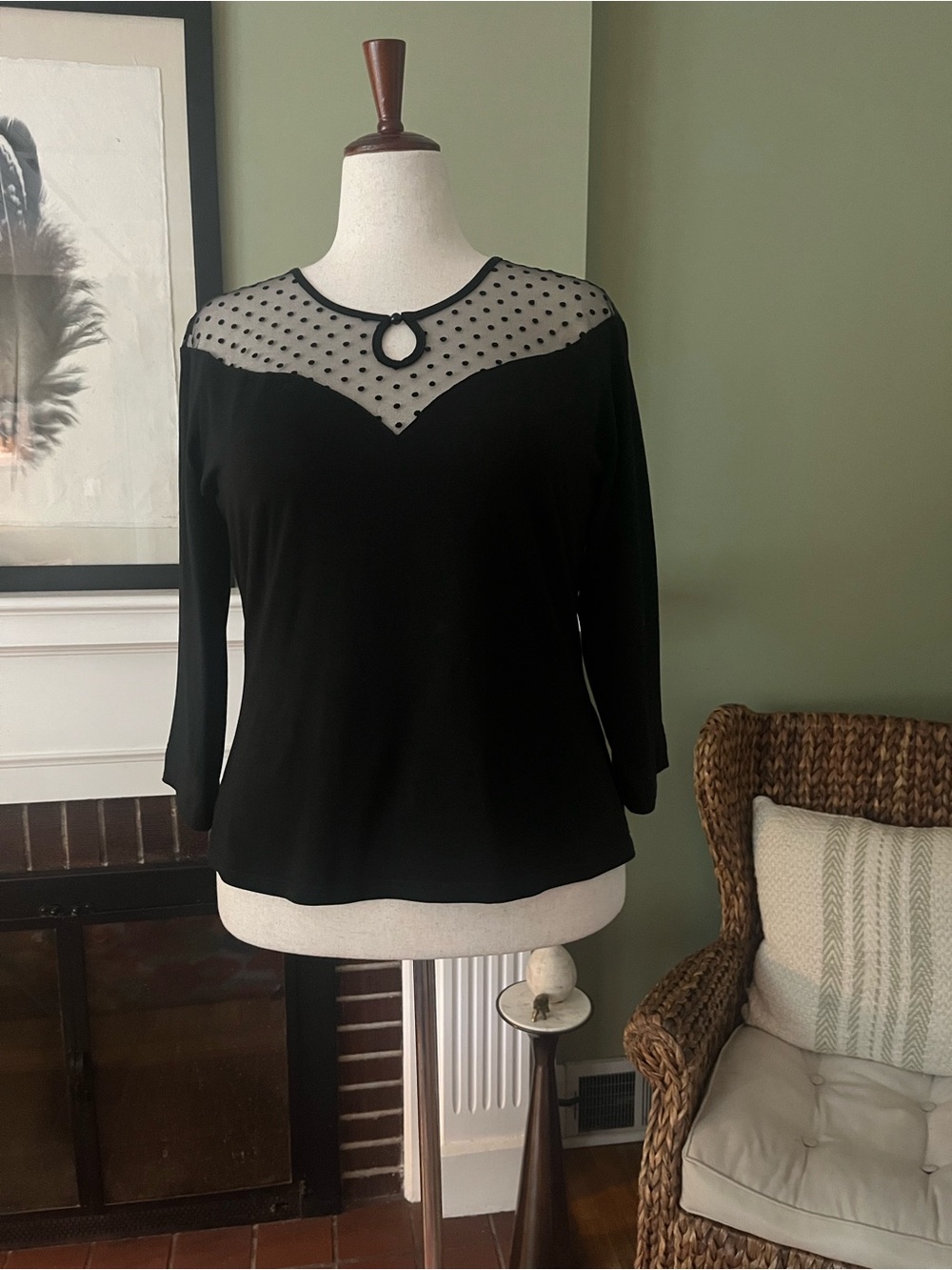 Royal Monk Black Swiss Dot Illusion Mesh Cotton Knit Top | Keyhole Neck | XL fit